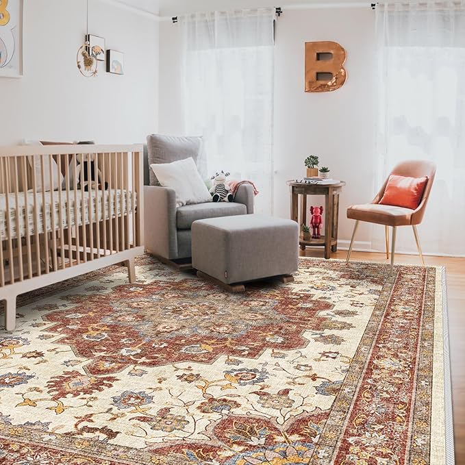 TOPRUUG Washable Oriental Area Rug - 8x10 Rugs for Living Room Soft Carpet for Bedroom Waterproof Floral Distressed Indoor Stain Resistant Non-Shedding Floor Carpets (Red, 8x10)