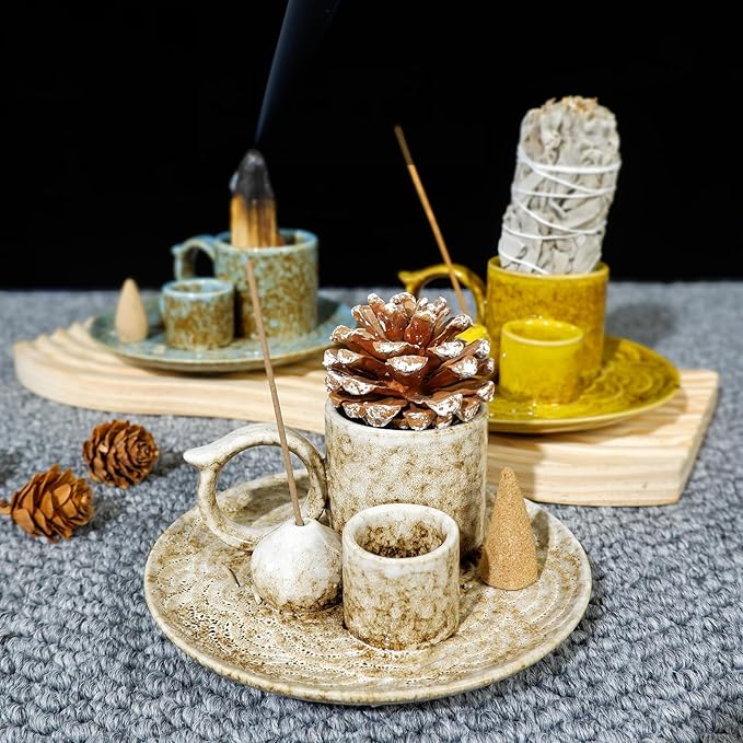 MOUGIGI 5-in-1 Ceramic Palo Santo Burner Holder Blue -Small Candle Holder & Smudge Burning Tray Bowl,Fits Incense Sticks/Cones, Sage.Zen Altar for Meditation Room, Aromatic Scents, Matches Compatible
