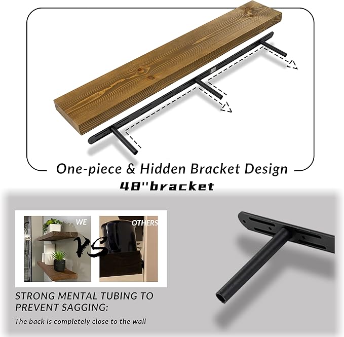 Rusitc Floating Shelves 48 inch Long 8 "deep Set of 1, Heavy Duty Wood Wall Mounted Shelves for Bathroom Living Room Kitchen,Book Shelves with Thickened Hidden Bracket-Walnut