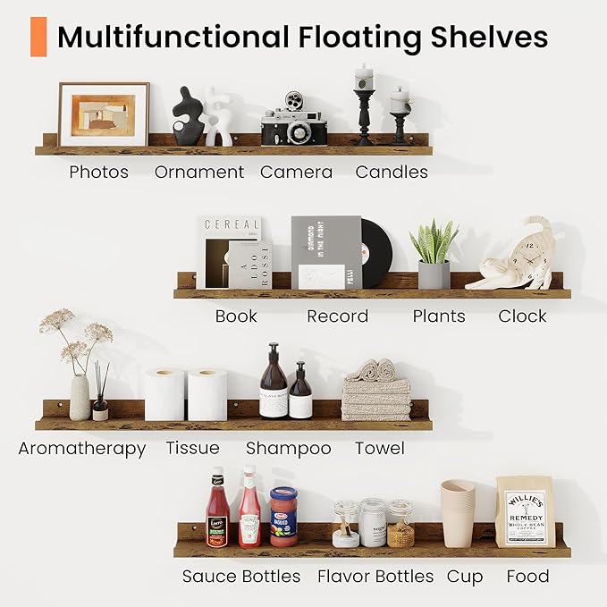 RICHFOCUS Picture Ledge Shelf, 55 inch Floating Shelves Set of 2, Wood Wall Shelves with Lip, Wall Decor Storage for Bedroom Living Room Bathroom Kitchen Nursery Photo Picture, Rustic Brown
