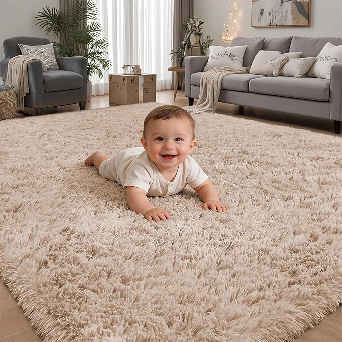Area Rug for Living Room Bedroom: 5x7 Camel Soft Fluffy Shag Upgrade Non-Slip High Pile Carpet Large Fuzzy Plush Indoor Floor Decor Shaggy Rug for Kid Boys Girls Dorms Playroom Nursery Modern Home