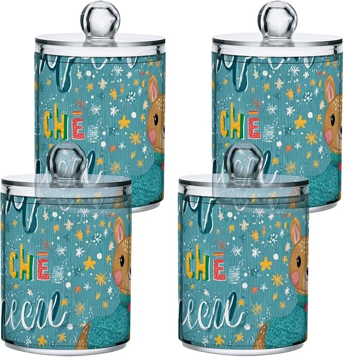 2 Pack Apothecary Jars Festive Deer Snowflake Print Bathroom Vanity Storage Organizer Set,Small Clear Plastic Storage Jars Bathroom Canister for Cotton Swabs, Rounds, Balls, Qtips,Makeup Sponge