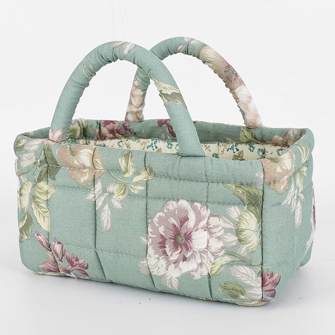 Mini Storage Basket, Small Quilted Boho Fabric Organizer Bin with Handle, Portable Collapsible Basket for Socks, Keys, Diaper