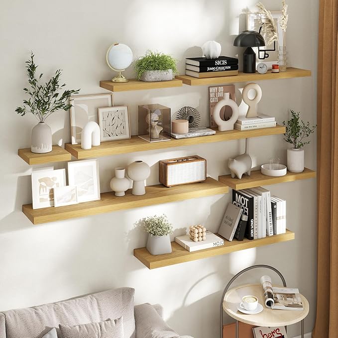 24 Inch Floating Shelves for Wall with Invisible Brackets Set of 2, 8"D Engineered Wood Wall Shelves with Wood Grain for Living Room, Bedroom, Bathroom, Kitchen Decor and Storage, Oak Finish