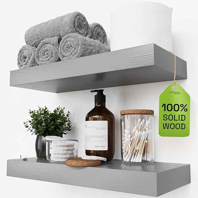 BAOBAB WORKSHOP Wood Floating Shelves for Wall - Rustic Shelf 16 inch - Grey Bathroom Shelves - Solid Wood Shelves for Wall for Bedroom Kitchen Living Room - Gray Finish, 16W × 6.7D, Set of 2