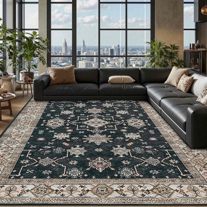 Rugxara 8x10 Area Rugs for Living Room, Large Washable Rug, Black Vintage Boho Rug, Non Slip & Low Pile Faux Wool Carpet for Indoor Dining Room, Bedroom and Farmhouse(Black 8x10ft)