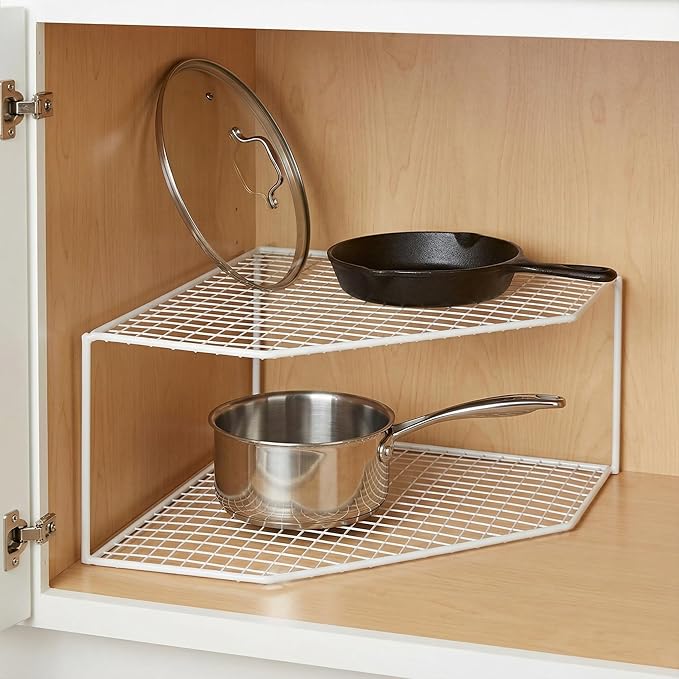 Beavorty 2-Tier Corner Storage Shelf Cabinet Organizer Corner Stand Rack Countertop Shelf Storage for Dishes and Plates Kitchen Cabinet Pantry Cosmetics Makeup Organization 12cm White
