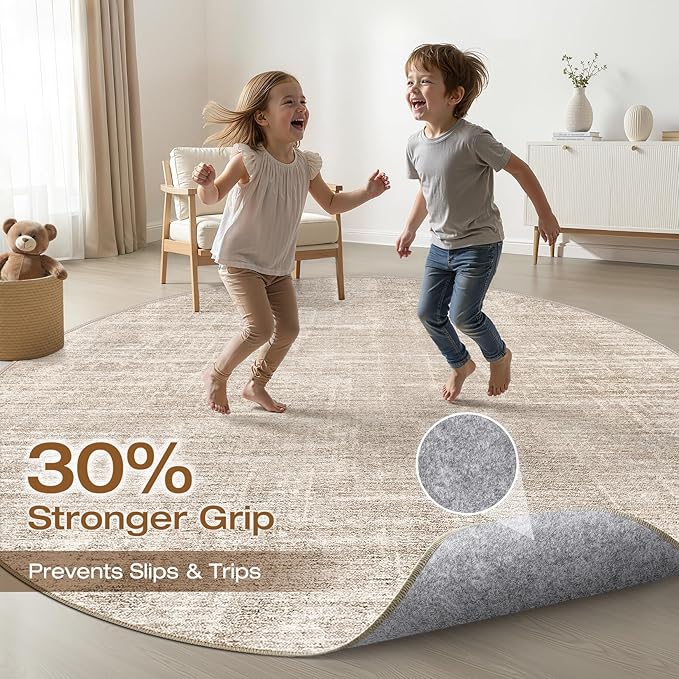 10ft Round Rug Living Room: 10x10 Washable Large Neutral Beige Circle Area Rug Abstract Soft Modern Stain Resistant Indoor Floor Non-Slip Carpet for Bedroom Nursery Kids Office Playroom Dining Room