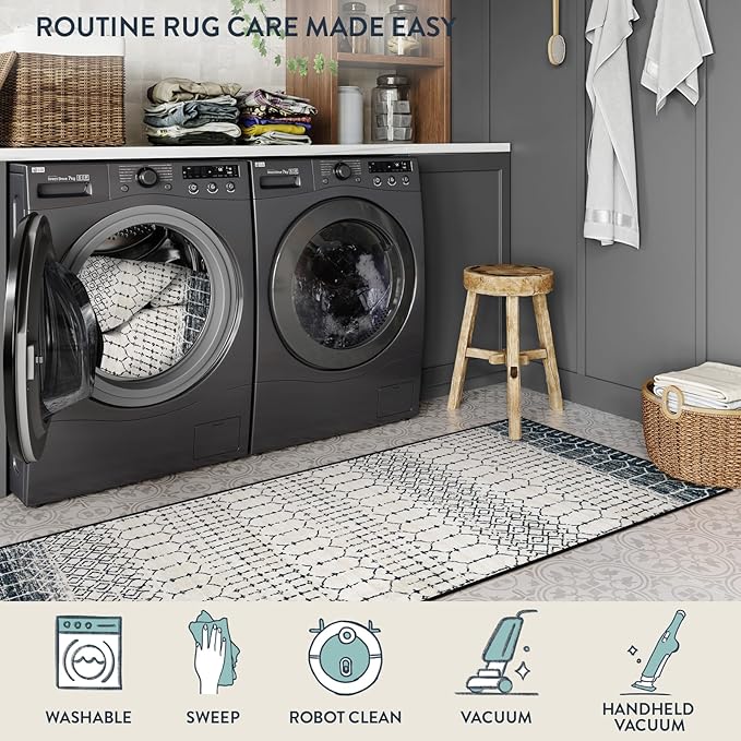 Lahome Moroccan Washable Runner Rug 2x6, Black Stain Resistant Non-Slip Kitchen Rug Runner, Ultra-Thin Geometric Print Distressed Floor Carpet for Entryway Laundry Bedroom Hana