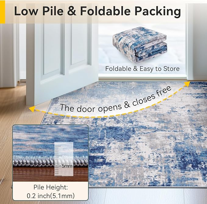 RELEANY Washable Area Rugs 4ft Non-Slip Modern Abstract Soft for Living Room Entryway Bedroom Nursery, Print Pattern, Blue Grey Navy Gray