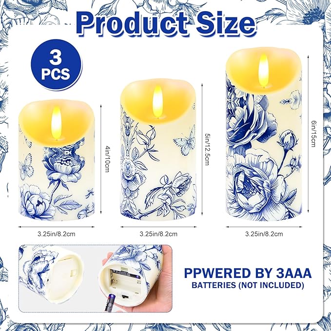 3 Pcs Blue and White Flameless Candles Wedding Table Centerpiece Chinoiserie Candles Blue White Floral Printed Faux Candles with Remote Timer for Wedding Home Holiday Table Decor