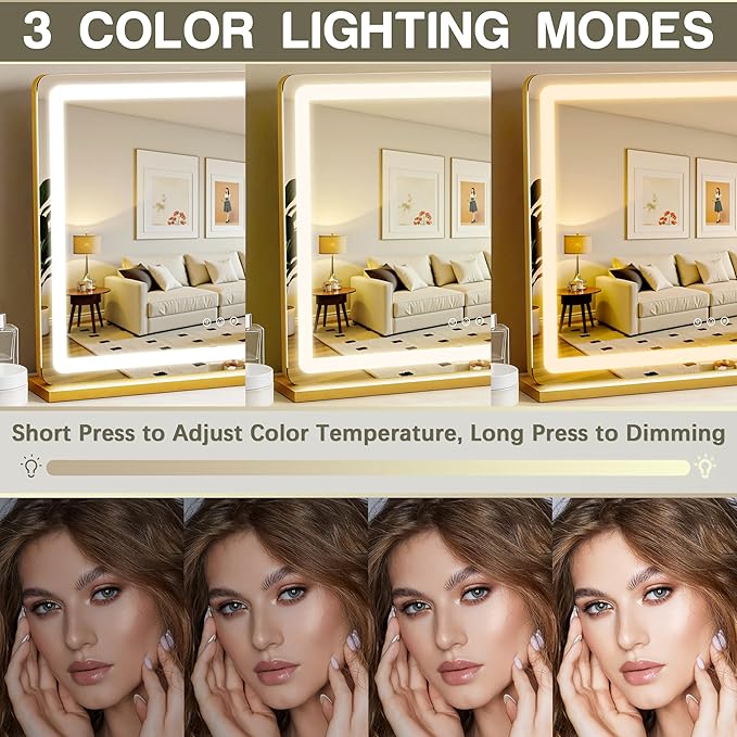 ROLOVE 23"x18" Gold Vanity Mirror with Lights, Large Lighted Makeup Mirror with 10X Magnifier, 3 Color Lighting & Stepless Dimming, Wall Mounted or Tabletop Desk Mirror for Bedroom