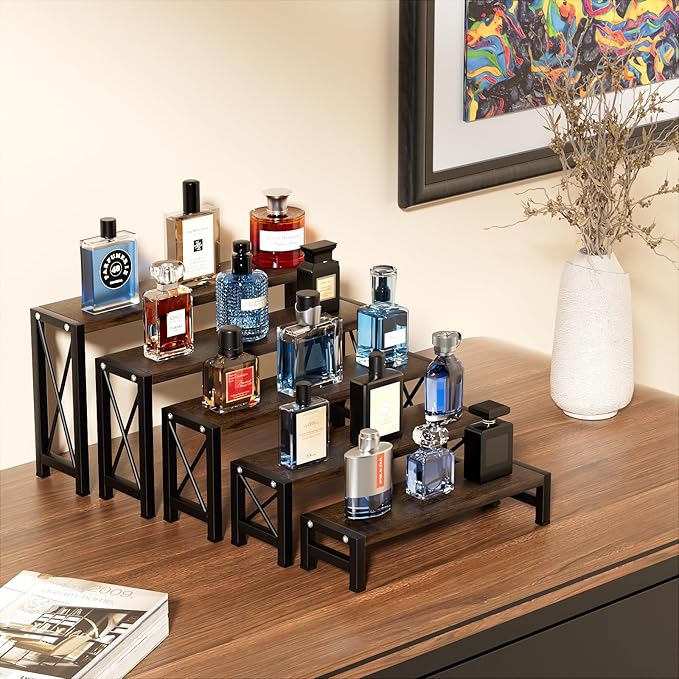 Stackable Wooden Cologne Organizer for Men, 5-Tier Tray Risers Display Makeup Perfume Organizer for Women, Wood Cupcake Stand, Buffet Shelf, Dessert Food Risers, Figure Collectible Stand