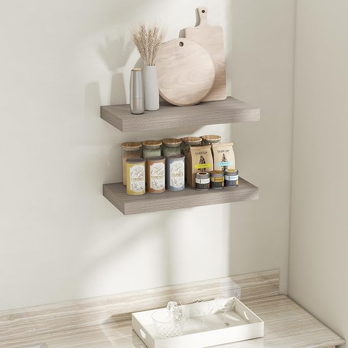 12 Inch Deep Floating Shelves for Wall, 24 x 12 Rustic Wood Grain Bathroom Shelves with Invisible Brackets, Easy Install Wood Storage Shelves for Kitchen, Living Room, Bedroom, Grey, Set of 2