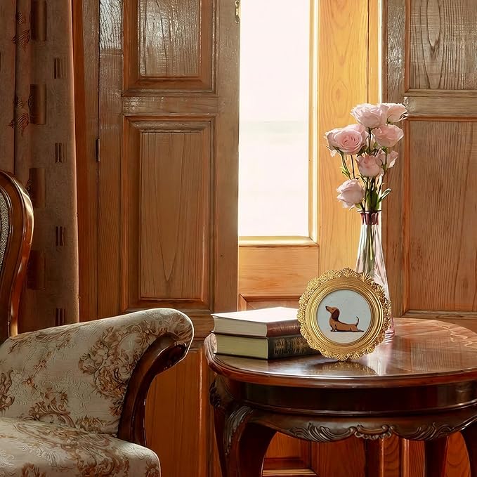Small Vintage Dachshund Dog Round Picture Frame Wall Decor, Funny Wiener Gold Mini Ornate Photo Frame for TableTop Desk 2.7in Photo, Cute Rustic Framed Artwork for Walls Office Bedroom Shelf