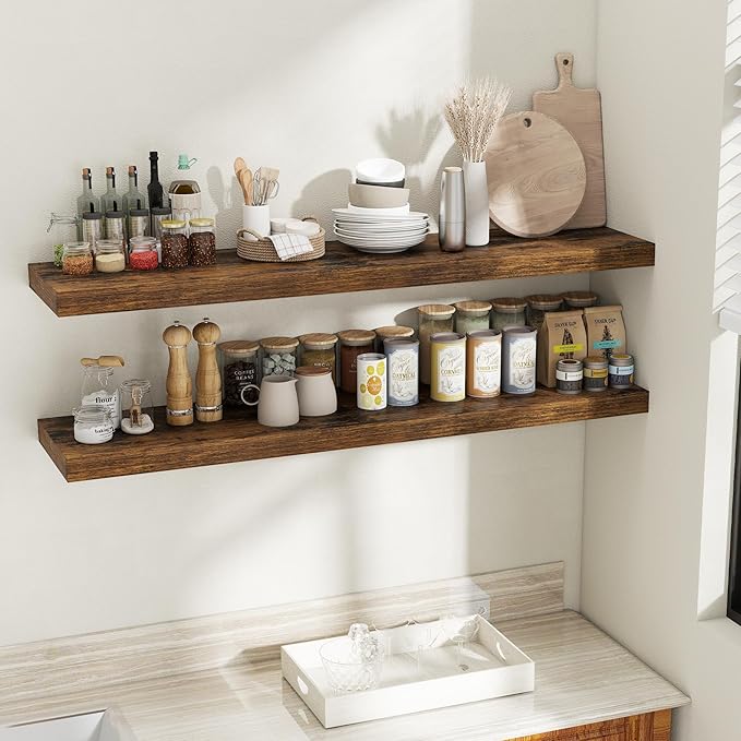 Fun Memories 55 Inch Fireplace Mantel Shelf, 12 Inch Deep Shelves for Display & Wall Storage, Rustic Wood Wall Shelf, Extra Long Floating Shelves for Bathroom Bedroom Living Room, Rustic Brown, 2 Pack
