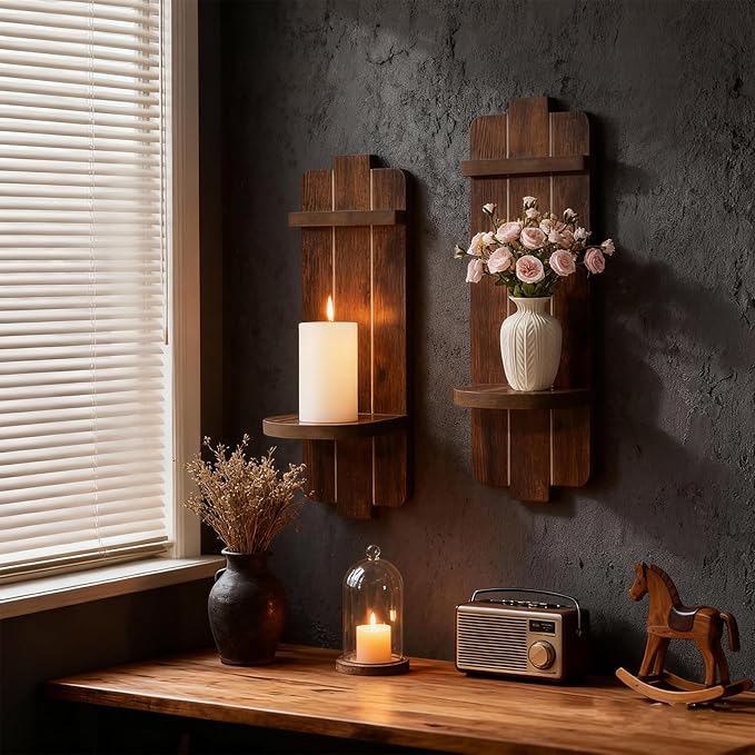 Rustic Candle Holder Set of 2 – Vintage Brown Wooden Wall Sconces for Fireplace, Bedroom & Living Room – Farmhouse Wall Decor with Candle Shelf for Home, Aisle, Hallway