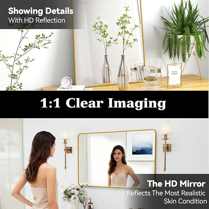SCWF-GZ 24x36 Vanity Mirror Full Length Wall Mounted Aluminum Alloy Metal Frame Dressing Round Rectangle Mirrors for Entryway Bedroom Bathroom Living Room Horizontally or Vertically 36x24 inch Gold
