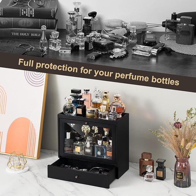 Emfogo Cologne Organizer for Men, Solid Wood Perfumes Organizer for Men Dresser, Large Capacity Dustproof Cologne Holder with Drawer Storage Perfume Stand Organizer, Ideal Gift for Loved ones