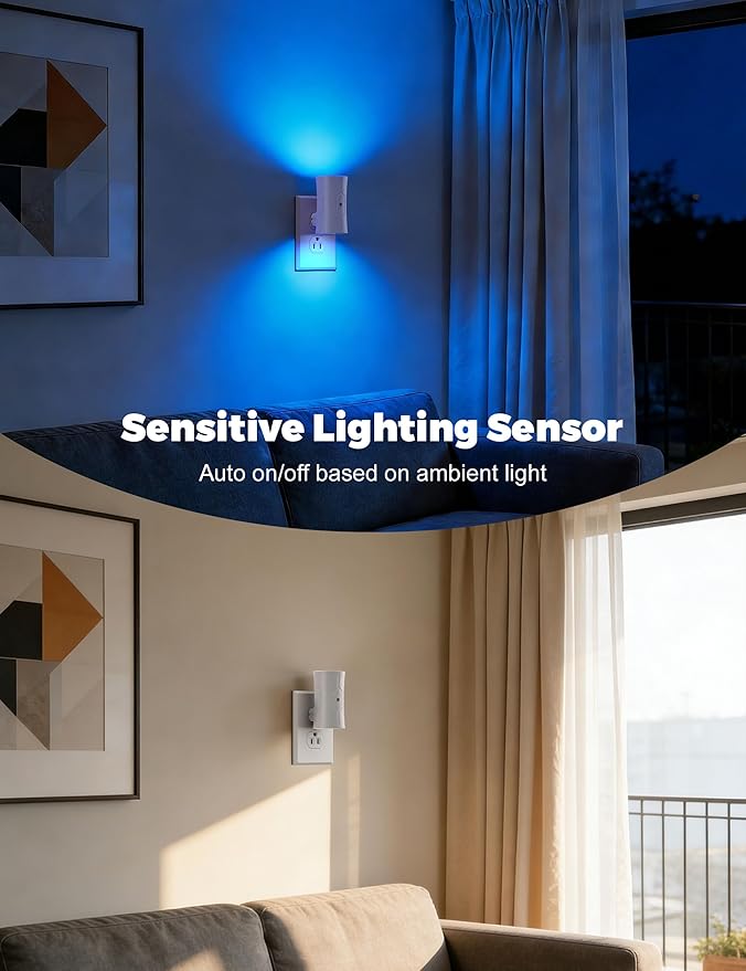 fesnne Night Light, LED Night Lights Plug into Wall 2 Pack Blue 0-100LM Adjustable Brightness Light Sensor Plug in Night Light for Hallway, Bathroom, Adult