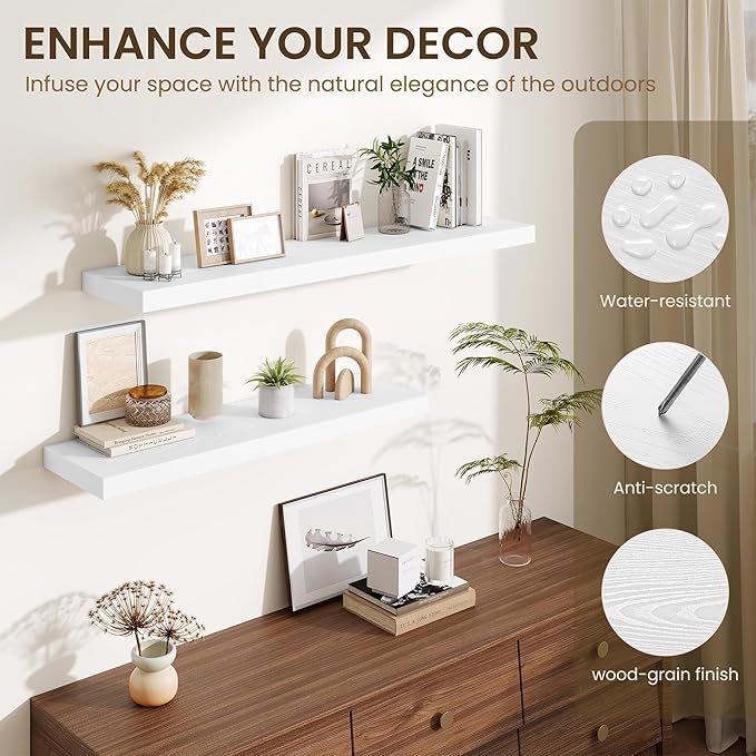 Fun Memories Floating Shelves for Wall 10 Inch, 10 Inch Deep Square Wall Shelves, Bathroom Storage Shelves Over Toilet, Wood Floating Shelves for Living Room Bedroom, White, Set of 2