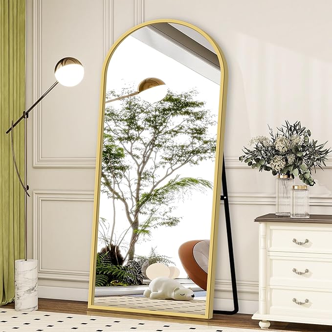 GlasFlength Full Body Mirror with Stand, 71" x 32" Arched Full Length Mirror with Aluminum Alloy Frame Wall-Mounted/Leaning Against Wall/Floor Standing Mirror for Home Decor, Gold