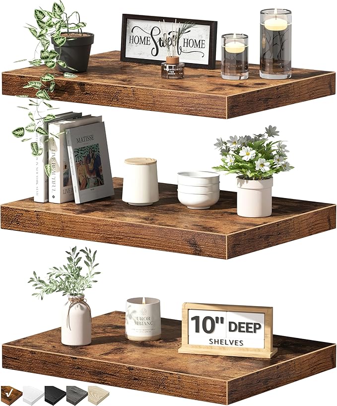 QEEIG 10" Deep Floating Shelves for Wall - 10 x 16 inch Book Shelf Bathroom Bedroom Kitchen Living Room Hanging Bookshelf Farmhouse Set of 3, Rustic Brown (025-40BN3)