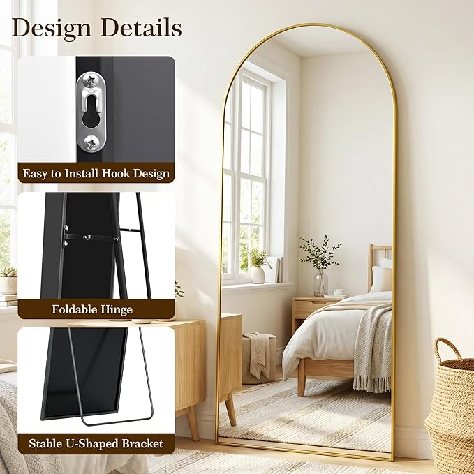 76"x34" Arched Full Length Mirror with Stand, Free Standing Leaning Wall Mounted Aluminum Alloy Frame Mirror for Bedroom Living Room Cloakroom, Gold