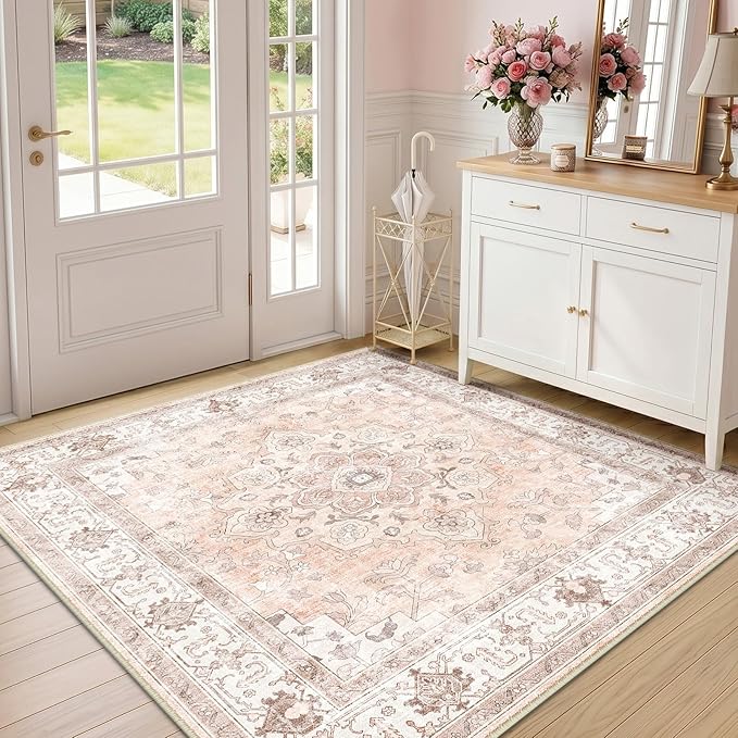 CAPALOCA Machine Washable Rugs Nursery Rug Sq5ft Cute Girl Non Slip Low Pile Water Repellent Soft Print Pattern for Bedroom Indoor Decor Kids Playroom Pink