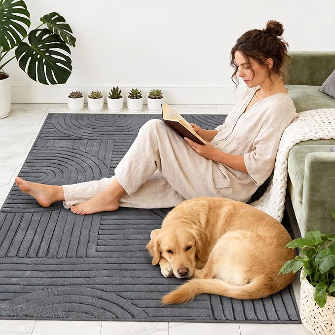5x7 Solid Color Area Rugs – Washable Living Room Rug, Durable Non-Slip Indoor Carpet with Soft High-Low Pile, Fluffy Floor Rugs for Bedroom, Bedside, Kids Room, Dorm, Nursery, Home Décor, Grey