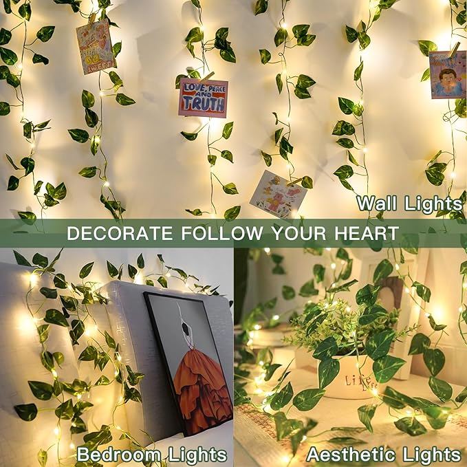 suddus Vine with Fairy Lights Battery Operated, 13.1ft 40 LED Pothos String Lights with Remote, Leaf Lights for Bedroom, Room, Wall, Garden, Party, Wedding Dorm Decor(Warm White)