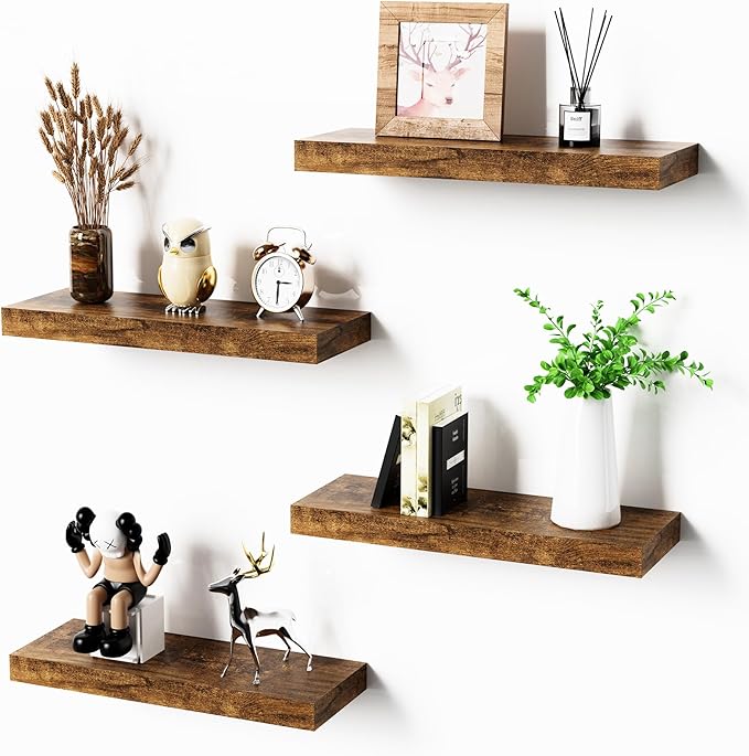 Bellsal Floating Shelves for Wall, Rustic Brown Wood Wall Shelf Set of 4, 16" Walls Mounted Floating Shelf for Kitchen, Living Room, Bedroom, Bathroom Storage, Book Shelf for Walls Home Decor