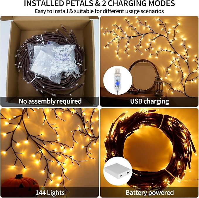 FNHMSL Enchanted Willow Vine Lights 7.55FT 144LED 1 PCS Brown Tree Branch Lights for Wall, Remote Timer,8 Light Model,Bedroom Wall Doors Wedding, Christmas, USB Battery Box