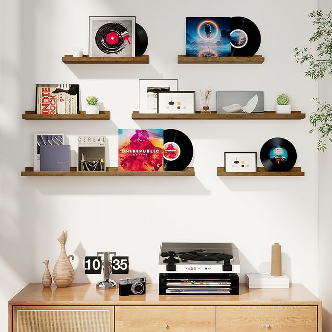 Axeman Picture Ledge Shelf, Floating Shelves for Storage Set of 6, 16 inch Floating Wall Mounted Shelves, Wall Shelves with Lip for Living Room, Bedroom, Nursery, Bathroom, Kitchen, Rustic Brown