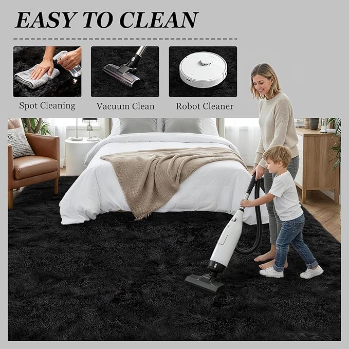 6x9 Area Rugs for Living Room Bedroom: Ultra Soft Fluffy Shag Rug Upgrade Non-Slip Non-Shedding Large Fuzzy Plush Carpet Indoor Floor Carpets for Kids Room Playroom Nursery Dorms Home Decor Black