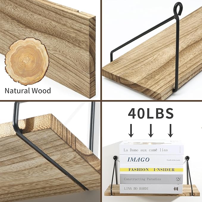 Sapowerntus Floating Shelves Wall Mounted Shelf Rustic Light Wood Bathroom Bedroom Kitchen Hanging Storage Organizer with Triangle Metal Brackets Farmhouse Living Room Office Home Decor Set of 2