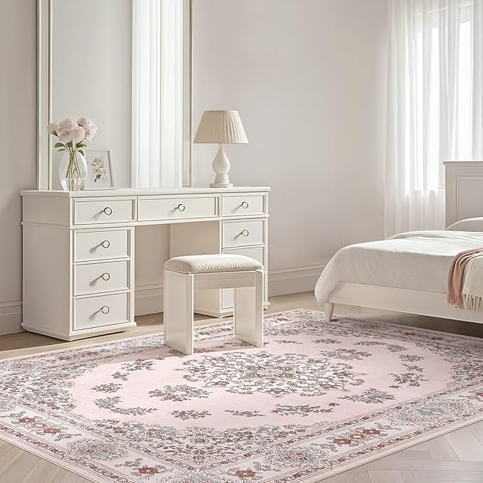 Nakagishi 10x14 Area Rugs Living Room: Washable Boho Large Neutral Modern Soft Farmhouse Rug Stain Resistant Indoor Non-Slip Carpet for Bedroom Girls Nursery Kids Playroom Dorm Preppy Baby Room- Pink