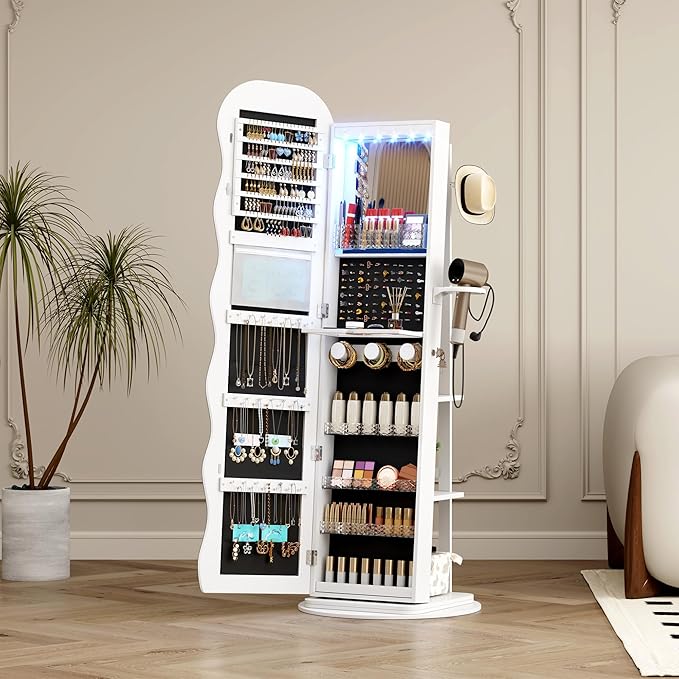 Vlsrka 360° Swivel Jewelry Aromire with Wavy Mirror, Lockable Jewelry Organizer Mirror Full Length, Rotatable Standing Mirror with Storage, Jewelry Cabinet, Interior Mirror, Flodable Shef (White)