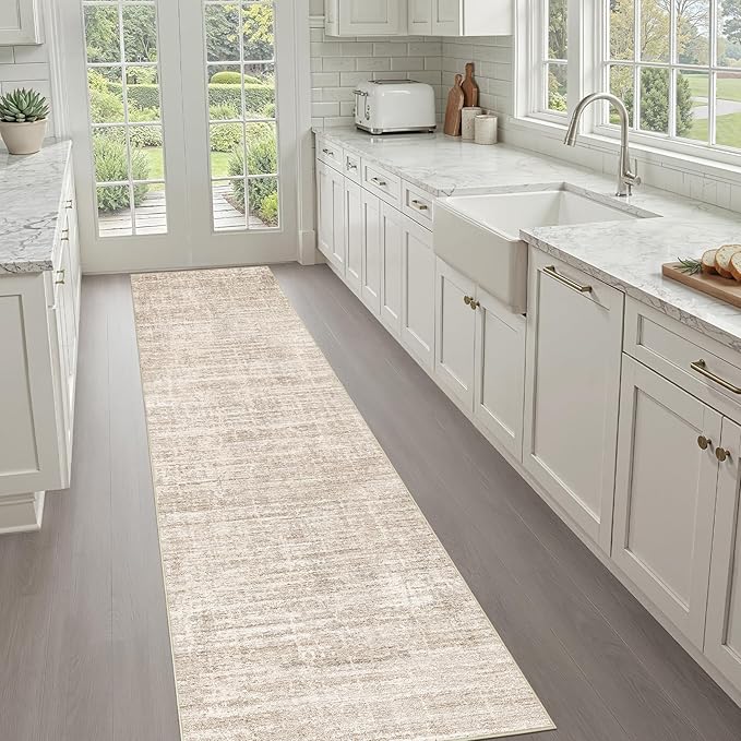 Runner Rug Non-Slip Kitchen Rug: 3x10 Washable Abstract Modern Soft Stain Resistant Indoor Floor Neutral Accent Throw Carpet for Hallway Bathroom Laundry Room Bedroom Entryway- Beige