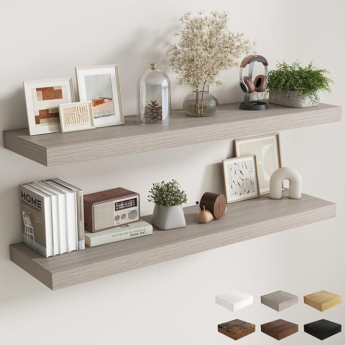 Fun Memories 55 Inch Fireplace Mantel Shelf, 12 Inch Deep Shelves for Display & Wall Storage, Rustic Wood Wall Shelf, Extra Long Floating Shelves for Bathroom Bedroom Living Room, Grey, 2 Pack
