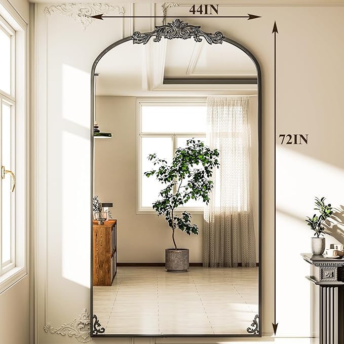 GLSLAND Vintage Mirror - 72"x 44" Full Length Mirror Large Carved Arched with Metal Frame Baroque Full Body Mirrors for Bathroom/Living Room/Entryway,Black