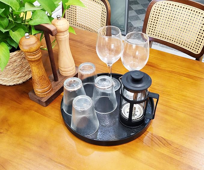Round Black Serving Tray (11 inch) - Bathroom Countertop, Kitchen Decor, Vanity & Coffee Table Tray | Farmhouse Modern Boho, Organizer Tray