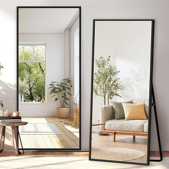 GlasFlength Full Body Mirror with Stand, 71" x 32" Full Length Mirror with Aluminum Alloy Frame Wall-Mounted/Leaning Against Wall/Floor Standing Mirror for Home Decor, Black