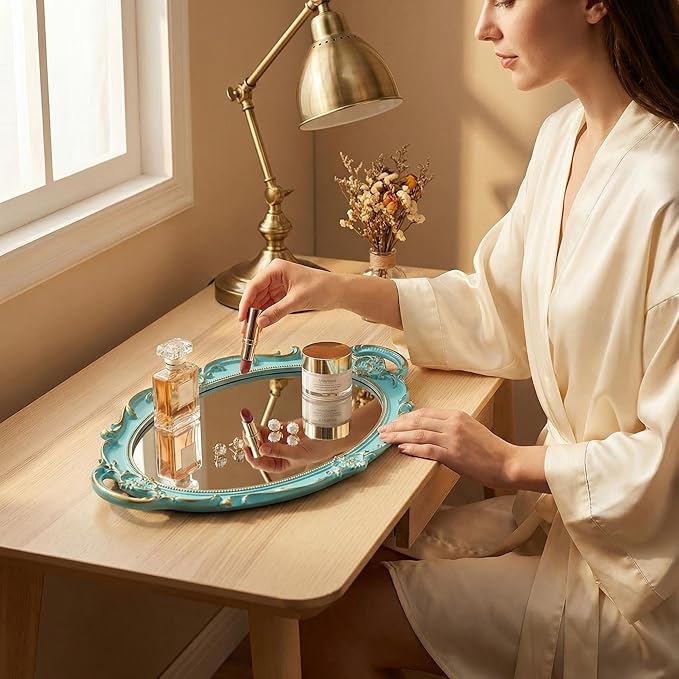 Schones Geschaft Decorative Mirror Tray, Makeup Jewelry Perfume Organizer，Vintage Oval Display and Serving Tray for Bedroom Living-Room Dresser Decor (14.4”x 9.8”) (Blue - Oval)