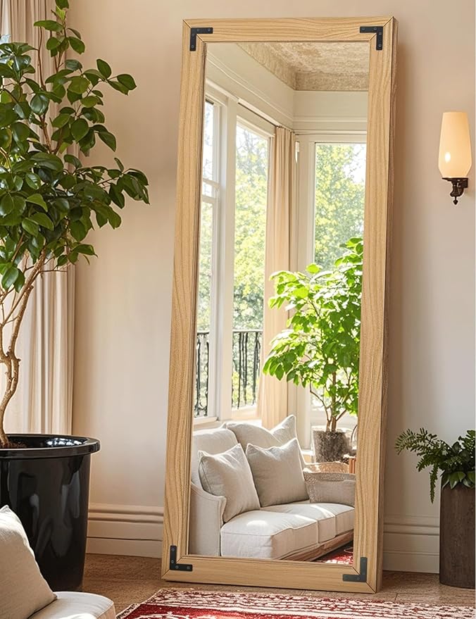 TRAHOME Full Length Mirror with Wooden Frame, 65"X24" Solid Wood Standing Floor Mirror for Farmhouse, Bathroom, Bedroom, Hanging or Leaning Wall-Mounted(Natural)