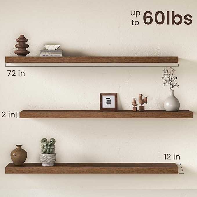 Fun Memories 72 Inch Floating Shelves, 12 Inch Deep Wall Shelf for Fireplace Mantel, Deep Storage Shelves for Home & Office, Long Floating Shelf with Invisible Bracket, Rustic Brown, Set of 2