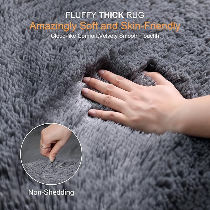 KICHOWUA Thick Area Rug 5x7 Grey Fluffy Shag for Bedroom, Extra Soft Plush Fuzzy Washable Thickened Non-Slip Floor Carpet for Living Room, Cozy Furry Shaggy Rug for Kids Baby Boys Girls Nursery Dorm