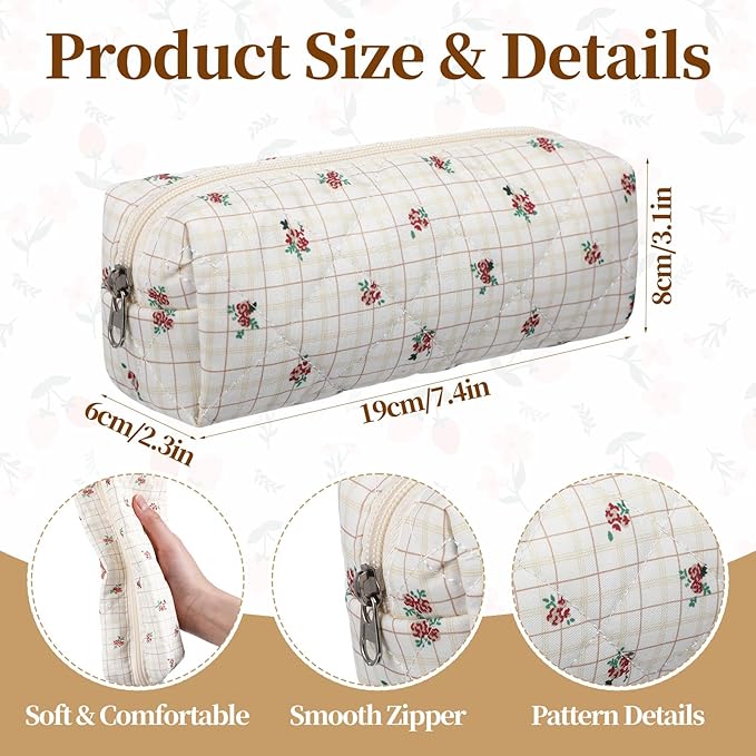 Yalikop 8 Pcs Cute Floral Makeup Bag Cotton Quilted Case Makeup for Women Aesthetic Flowers Storage Cosmetic Bag Pouch Organizer Zipper Brush Holder Box Portable for Office College Travel