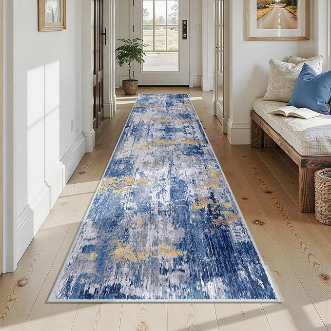 RELEANY Washable Area Rugs 2'6"x12 Non-Slip Modern Abstract Soft for Living Room Entryway Bedroom Nursery, Print Pattern, Grey Blue Gold/Golden