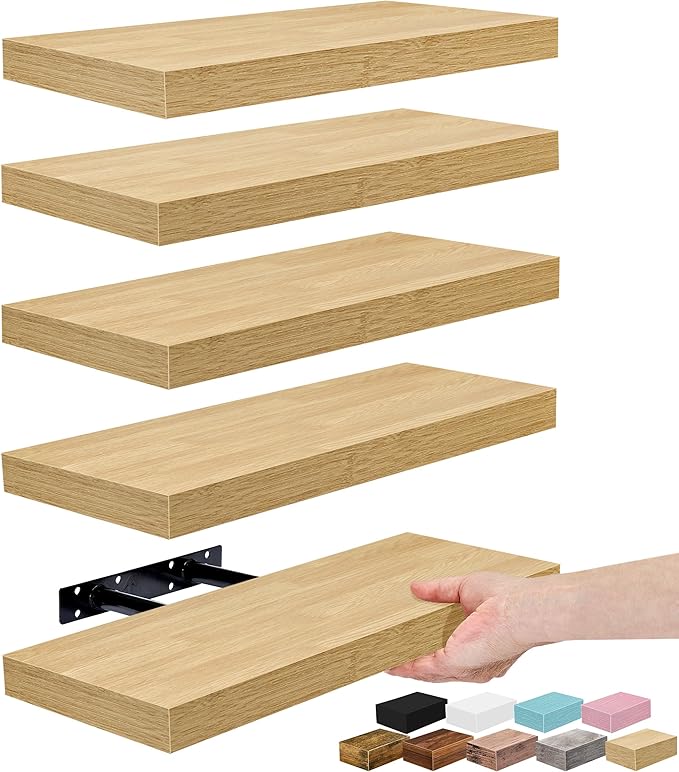 Sorbus Floating Shelves for Wall – 16 Inch Floating Shelf for Kitchen, Bedroom, Living Room, Bathroom, Home & Wall Decor - Mounted Bathroom Shelves with Invisible Brackets (Maple Wood, 5 Pack)